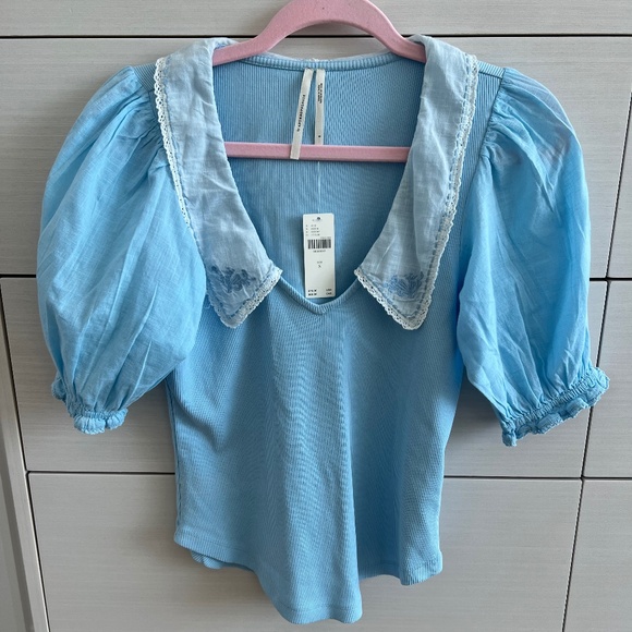 NWT BY ANTHROPOLOGIE LIGHT BLUE SHORT-SLEEVE COLLARED TOP SIZE S - Picture 4 of 7